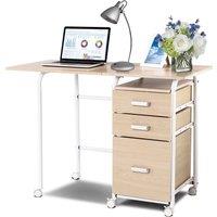 Gymax Folding Office Desk Writing Table With Wheels & 3 Drawers Space Saving in Khaki