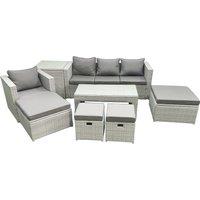 Fimous Rattan Garden Furniture Set Outdoor Lounger Sofa with Coffee Table 4 Footstools Side Table Light Grey Mixed 8 Seater