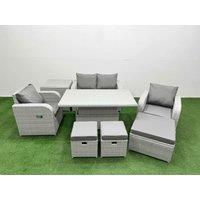 Fimous Light Grey PE Wicker Rattan Garden Furniture Set Sofa Set Reclining Chair Adjustable Lifting Dining or Coffee Table 7 Seater 3 Stools Side