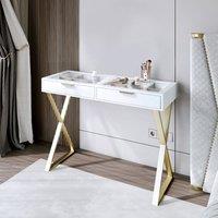 CARME HOME Jess Glasstop White Dressing Table with 2 Drawers & Gold X-shaped Leg