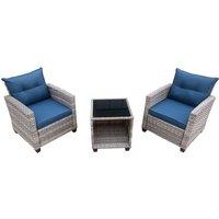 3 Pieces Outdoor PE Rattan Bistro Set, with Tempered Glass Top Coffee Table