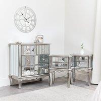 Melody Maison Bedroom Furniture, Silver Mirrored Chest Of Drawers & Pair Of Bedside Tables - Tiffany Range in Metallic Silver
