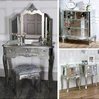Melody Maison Silver Mirrored Bedroom Furniture, Chest Of Drawers, Dressing Table Set & Bedside Tables - Tiffany Range in Metallic Silver