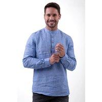 Enorsia Men's Regular Fit Linen Band Collar Shirt in Blue | Size: Medium