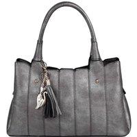 Fontanella Fashion Women's Katze Striped PU Leather Tote Shoulder Handbag with Kitten Charm in Metallic Silver