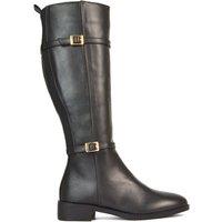 XY London Women's 'Ellis' Flat Heel Stretch Knee High Long Boots With Buckle Details in Black | Size: 8