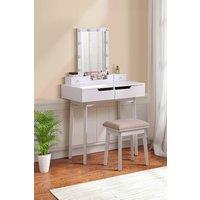 H&O Direct Modern Makeup Desk Set with Lighted Mirror & Stool in White