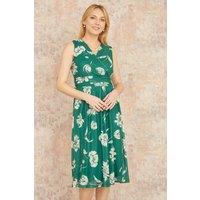 Yumi Women's Green Floral Print Stretch Mesh Dress With Pockets | Size: 16