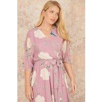 Yumi Women's Pink Bird & Floral Print Midi Wrap Dress | Size: 8