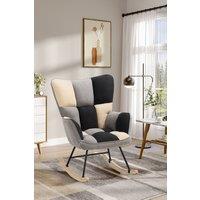 Beige Grey Black Check Tufted Linen Patchwork Rocking Chair