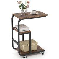 Costway C-shaped End Table Space-saving Couch Table with Open Shelves-Coffee in Brown