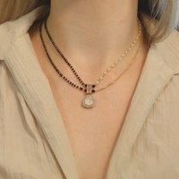The Colourful Aura Women's Two Layer Black White Pearl Zircon Tear Drop Mangalsutra Pendant | Size: 18 inches
