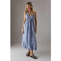 Check Halter Open Back Puff Ball Midi Sundress