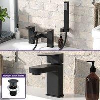 Nes Home Mono Basin Mixer, Bath Shower Mixer & Handset kit & Waste in Black