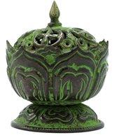 KDMD Brass Verdigris Tibetan Incense Burner - Small Lotus in Green