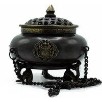 KDMD Lrg Brass Tibetan Burner - Four Symbol Hanging Pot in Grey