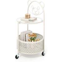 Costway Mobile Glass Coffee Table 2-Tier Round End Table w/Bear Pattern in White