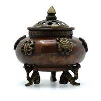 KDMD Brass Tibetan Incense Burner - Six Symbols Standing Pot in Brown