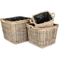 Red Hamper Set of 3 Square Tapered Rope Handled Rattan Planter With Plastic Lining in Natural
