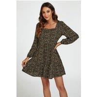 FS Collection Women's Little Floral Print Square Neck Mini Dress In Olive Green in Black | Size: Large