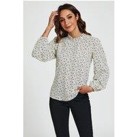 FS Collection Women's Little Floral Print Frill Detail High Neck Top In White | Size: Small