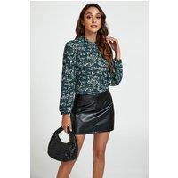 FS Collection Women's Little Floral Print Frill Detail High Neck Top In White in Green | Size: XL