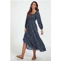 FS Collection Women's Floral Print Square Neck Maxi Dress In Dark Blue | Size: Small