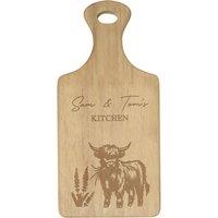 Personalised Memento Company Personalised Highland Cow Paddle Chopping Board in Light Brown
