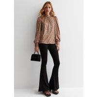 Gini London Women's Mink Brown Sequin High Neck Loosefit Blouse in Light Brown | Size: 8