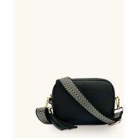 Black Leather Crossbody Bag With Black & Gold Chevron Strap