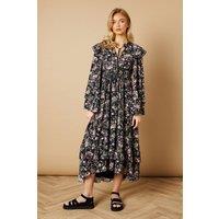 Oasis Women's Floral Printed Drawstring Waist Midi Dress in Black | Size: 10