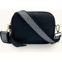 Black Leather Crossbody Bag With Black & Silver Chevron Strap