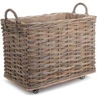 Red Hamper Rattan Small Wheeled Rattan Hessian Lined Log Basket in Grey