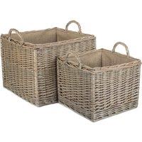 Red Hamper Wicker Set of 2 Antique Wash Square Hessian Lined Log Basket in Grey