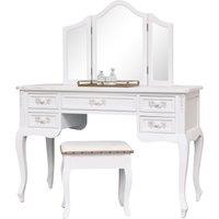 Melody Maison Antique White Dressing Table Desk With Triple Mirror & Stool - Pays Blanc Range