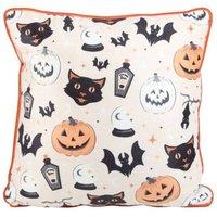 KDMD 35cm Square Spooky Cat & Pumpkin Print Cushion in Cream