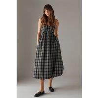 Check Halter Open Back Puff Ball Midi Sundress
