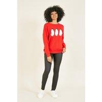 Yumi Women's Red Festive Penguin Knitted Xmas Jumper | Size: S/M