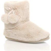 AJVANI Women's Flat Heel Pull On Pom Pom Faux Fur Slippers in Beige | Size: 9