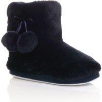 AJVANI Women's Flat Heel Pull On Pom Pom Faux Fur Slippers in Navy | Size: 6