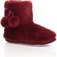 AJVANI Women's Flat Heel Pull On Pom Pom Faux Fur Slippers in Burgundy | Size: 9
