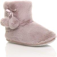 AJVANI Women's Flat Heel Pull On Pom Pom Faux Fur Slippers in Taupe | Size: 8