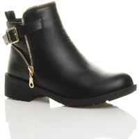 AJVANI Women's Low Block Heel Gold Zip Faux Leather Ankle Boots in Black | Size: 5