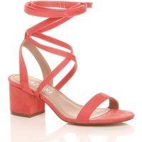 AJVANI Women's Mid Block Heel Tie Up Faux Suede Heeled Sandals in Coral | Size: 5
