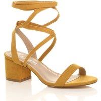 AJVANI Women's Mid Block Heel Tie Up Faux Suede Heeled Sandals in Mustard | Size: 6