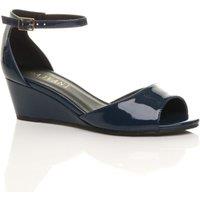 AJVANI Women's Mid Wedge Heel Ankle Strap Patent Sandals in Navy | Size: 4