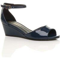 AJVANI Women's Mid Wedge Heel Ankle Strap Patent Sandals in Navy | Size: 6