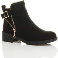 AJVANI Women's Low Block Heel Gold Zip Faux Suede Ankle Boots in Black | Size: 3