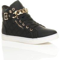 AJVANI Women's Low Heel Gold Chain Lace Up Trainers Faux Leather Hi Tops in Black | Size: 3