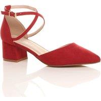 AJVANI Women's Mid Block Heel Crossed Strap Pointed Toe Faux Suede 2 Part Heels in Red | Size: 5